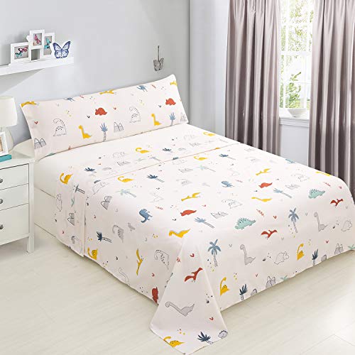 Hapilife Juego Sábanas para Niños Infantiles 3 Piezas Cama de 105cm, Incluye Fundas de Almohada + Sábana Bajera Ajustable + Sábana Encimera, Diseño de Dinosaurio Blanco