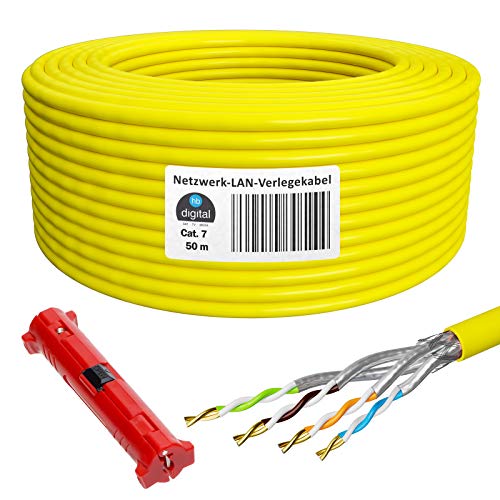 HB-DIGITAL 50m Cable de red de Cable de instalación LAN Cable de cobre cat. 7 profesional + stripper (grande) S/FTP PIMF LSZH Amarillo libre de halógenos Conformidad con RoHS cat. 7 AWG 23/1