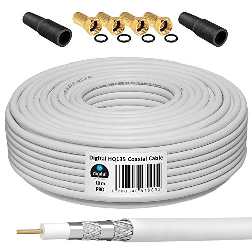 HB-Digital - Cable coaxial (10 m, 4 conectores F dorados y 2 fundas protectoras, cable coaxial de 10 m para recepción por satélite, apantallamiento, HDTV 3D FullHD Ultra HD)