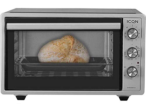 ICQN mini horno con aire forzado | Horno de pizza | Mini horno | Iluminación interior Doble acristalamiento | Función de temporizador | Esmaltado (Inox gris, 42 litros)