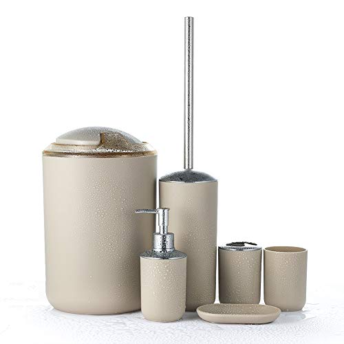 JOTOM Juego de Accesorios de Baño 6 Piezas,Cubo de Basura,Jabonera,Dispensador de jabón, Vaso,Vaso para Cepillo de Dientes y escobilla (Beige)