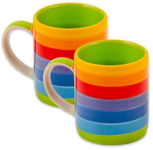 Juego de 2 tazas de café de cerámica pintadas a mano con diseño de rayas arcoíris