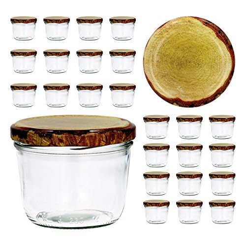 Juego de 25 tarros de Mermelada, 230ml – Tapas con Muestra de Madera (TO 82)