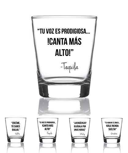 Juego de 4 vasos chupito 9 cl. con mensajes divertidos Modelo Drink