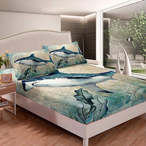 Juego de cama de tiburón criatura marina de junco marino con 2 fundas de almohada, 3 piezas de ropa de cama King