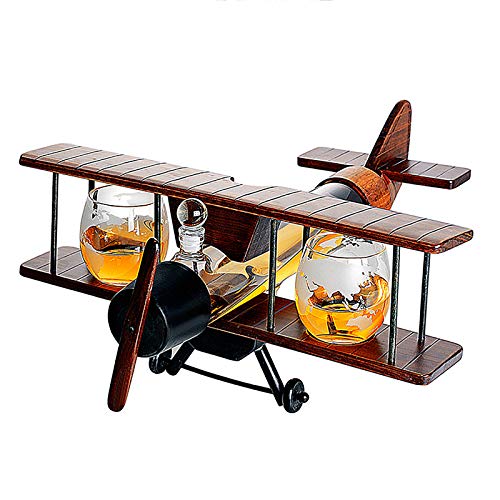 Juego De Decantador De Whisky con Forma AvióN, Set De Licorera Botella Whiskey Incluye Jarra De Vino De 1000 Ml, 2 Vasos Cristal 310 Ml Y Bandeja Madera, Decanter Wiski para Agua Licor Vodka