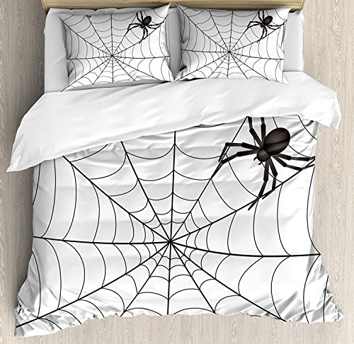 Juego de sábanas Spider Web de 3 piezas Juego de funda nórdica, Elementos de cuento de hadas góticos Creepy Scary Dangerous Spider Sticky Catch, Juego de fundas de edredón / Qulit de 3 piezas con 2 fu