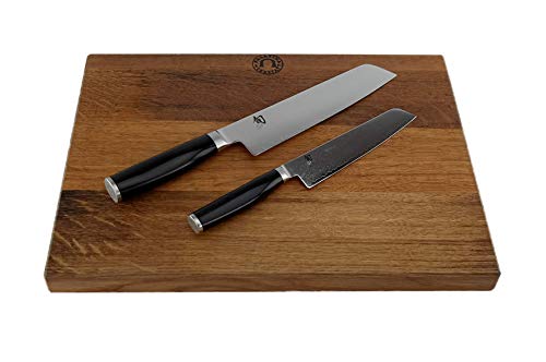 Kai Shun Minamo - Juego de cuchillos santoku de 18 cm TMM 0702, cuchillo multiusos TMM 0701, hoja de 15 cm, tabla grande de roble hecha a mano de 40 x 30 cm