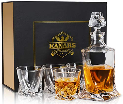 KANARS Jarra de Whisky, 5 Piezas, 100% Libre de Plomo Cristalino Resistente Botella de Whisky Set para Scotch, Bourbon,800ml Decantador y 4 Vasos de Whisky 300ml, Caja de Regalo