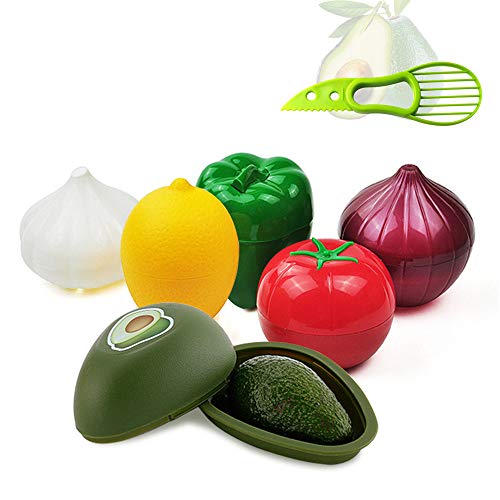 KeepingcooX - Juego de 6 protectores para alimentos (forma de verdura, cuchara, aguacate, pimienta, grano, limón, tomate, plástico duro, reutilizable, con cierre hermético y orificios de ventilación)