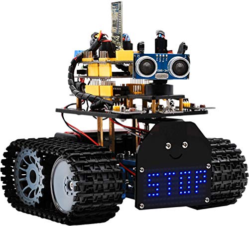 KEYESTUDIO Robot Coche Kit Compatible con Arduino IDE con Módulo de Seguimiento de Línea, Sensor Ultrasónico, Módulo IR, Kit Robótico Coche Educativo Stem para Niño, Adulto