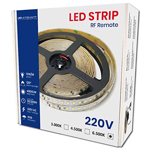 KIT Completo de 5 metros de Tira de Luz LED Directa a 220v con Controlador y Mando. Color Blanco Neutro (4500K). Impermeable. Corte cada 10cm. A++