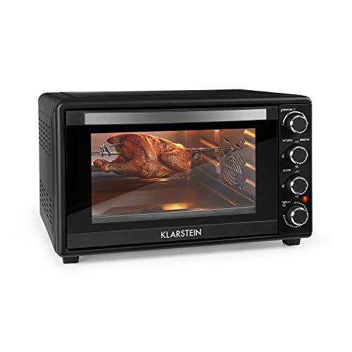 KLARSTEIN Masterchef 60 Mini Horno - 60 litros, 2000 W, temperatura: 100-230 °C, asador giratorio, función de circulación de aire, temporizador, puerta de doble cristal, acero inoxidable, negro