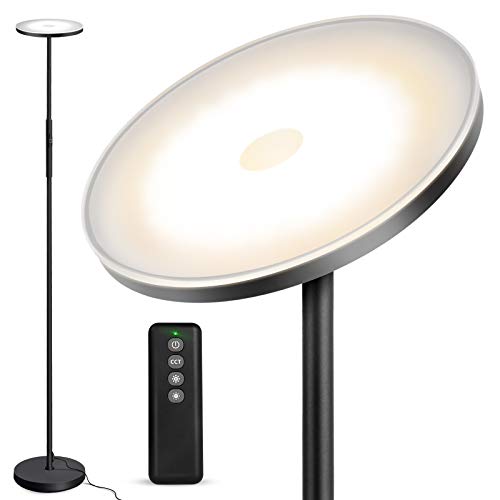 Lámpara de Pie OUTON, 30 W/2400 lm, Moderna Lámpara de Pie LED, regulable sin niveles, con 3 Temperaturas de Color, Control Remoto y táctil, para Salón, Dormitorio, Oficina, Negro