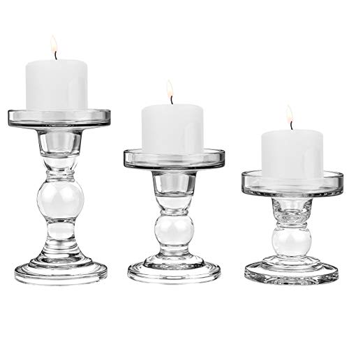 Lewondr [3 PZS Portavelas de Vidrio Cristal Candelabro Columna de Mesa para Iluminar y Decorar, Decoración para Hogar, Dormitorio, Salón, Adorno, Boda, Fiesta, Juego de 3 de Talla Diferente - Claro