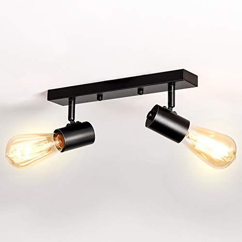 Lightess Lámpara de Techo 2 Focos Interior 360° Giratorio y 180° Ajustable Luz de Metal Industrial Casquillo E27 40W Iluminación para Dormitorio, Sala, Cocina, Restaurante, Sin Bombilla, Negro