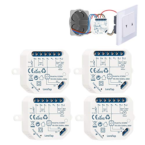 LoraTap Interruptor Persianas WiFi, 4 Piezas Relé de Persiana Temporizador Inteligente para Cortina Eléctrica, Control Remoto por Teléfono, Compatible con Alexa y Google Home para Control de Voz, 300W