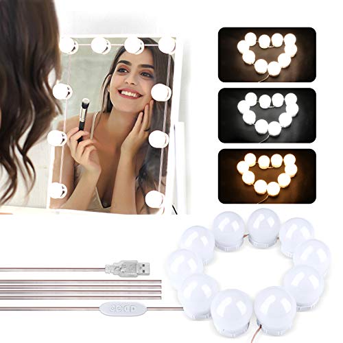 Luces de Espejo Maquillaje, Winzwon LED Lámpara de Espejo Cosmético de Tocador, Kit Luz Baño 3 Modos de Color y 10 Brillo, para Maquillarse, Baño, Carga USB(Sin Espejo)