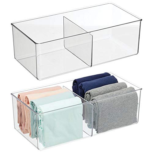 mDesign Caja organizadora con 2 compartimentos – Práctico organizador de plástico sin BPA para los armarios del dormitorio – Fantástica caja para ropa y accesorios – Juego de 2 – transparente