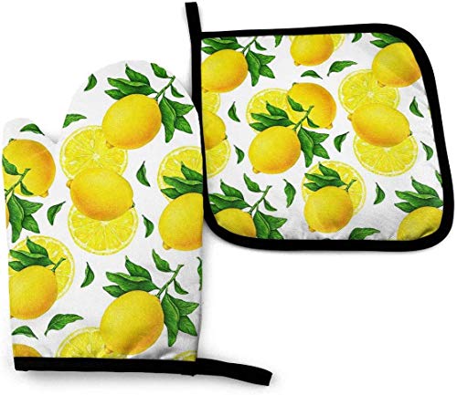 MODORSAN Inicio Cocina Juegos de Manoplas y Porta ollas para Horno Frutas de limón Amarillo Resistente al Calor Impermeable Antideslizante para cocinar Hornear BBQ Cocina Decorativa Regalo