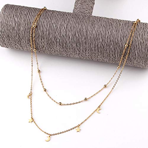Multilayer Stainless Steel Pendant Necklace Women Gold Color Beads Moon Star Horn Crescent Double Chain Choker Necklaces,Gold
