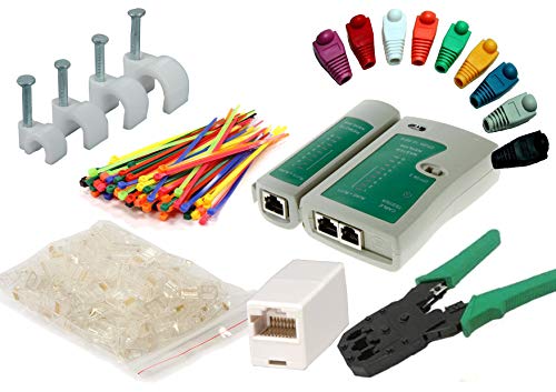 MutecPower Kit Herramientas de Cable de Red. Probador de Cable + alicates + 50 Conectores RJ45 + Pelacables.