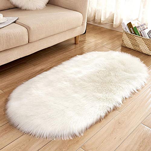 myonly Alfombra suave de pelo sintético para sala de estar, alfombra ovalada para dormitorio, alfombra mullida para niños, alfombra de juego para decorar el hogar, 2 pies por 4 pies (blanco)