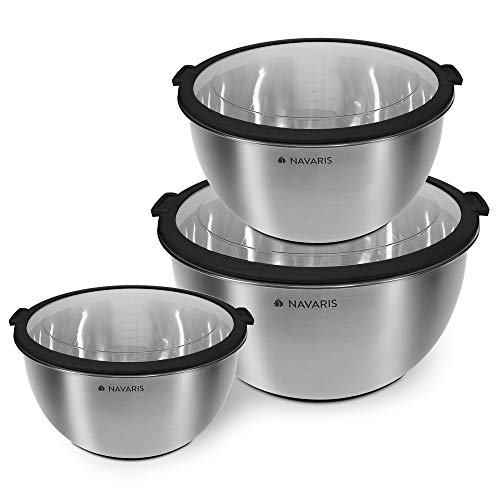 Navaris Set de 3 Cuencos de Acero Inoxidable - Juego de Boles con Tapas para Preparar Servir y almacenar Comida y Ensalada - 3 tamaños