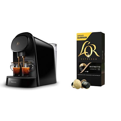 Pack Philips L'OR Barista LM8012/60 - Cafetera compatible con cápsula individual/doble, 19 bares presión, depósito 1L, color negro + L'Or Ristretto 5 paquetes 10 cápsulas