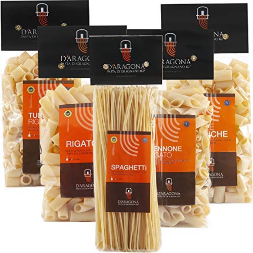 PASTA D'ARAGONA GRAGNANO IGP - PAQUETE ISCHIA Formatos Mixtos 5 x 500 GR. Excelencia italiana, Pasta de Sèmola de Trigo Duro Dibujada de Bronce (Rigatoni, Mezze Maniche, Tubettoni, Pennoni, Spaghetti)