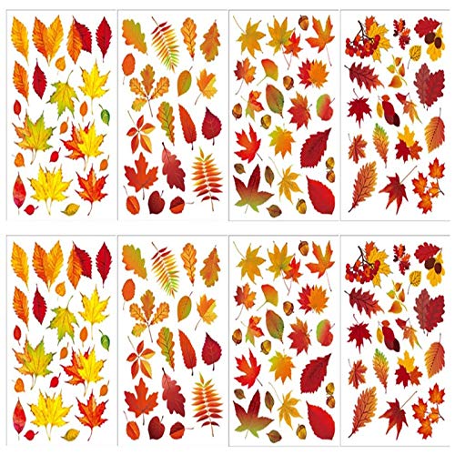 Pegatinas de Hojas de Otoño, 8 Sheet Pegatinas para Ventanas Decorativas, Reutilizar Impermeable Pegatina para Ventana para Fiestival de Otoño Decoración de Puerta Cristal Cuarto(21,5 * 30 cm)