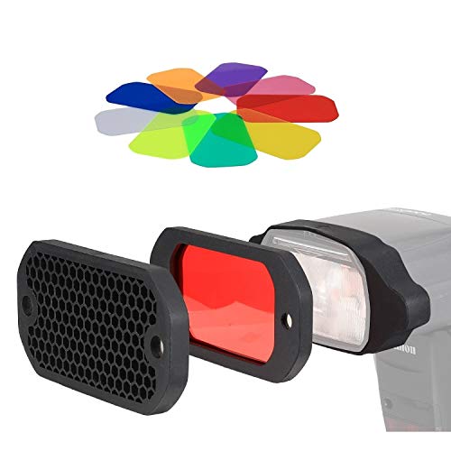 PHOLSY Universal Rejilla de Panal Flash Geles Filtro de Iluminación Kit con Corrección de Color para Canon Nikon Sony Godox Yongnuo Cámara Flash