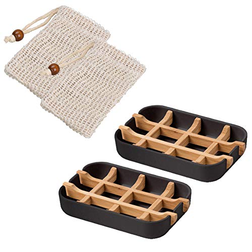 Queta Jabonera, 2 Unidades, sostenible, jabonera/Soporte de jabón con Bandeja de Goteo de Fibra de bambú y 2 Bolsas de jabón de sisal Natural para exfoliar o masajear (Negro)