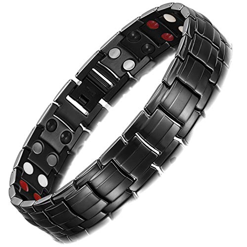 Rainso Pulsera para hombre, pulsera magnética de acero de titanio, pulsera magnética para hombre de color negro mate, alivio del dolor de artritis, 4 elementos, en caja de regalo negra (negro mate)