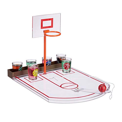 Relaxdays Juego Chupitos Baloncesto, 6 Vasos, Mini Canasta y Pelota, Plástico-Cristal, 22,5 x 24 x 44 cm, Transparente, Adultos Unisex