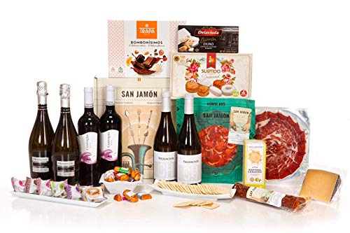 San Jamón - Cesta Regalo Gourmet Ibérica, Tirón. Jamón, Chorizo y Lomo Ibéricos, Queso Manchego, Turrón, Crackers, Bombones, Pastas y Vino