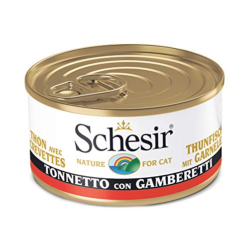 Schesir, Comida húmeda para Gatos Adultos, Sabor bacoreta con camarones en filetes y gelatina Blanda - Total 2 kg (24 latas monodosis x 85 gr)