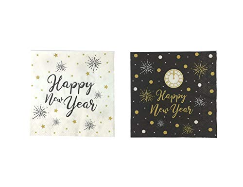 Servilletas de cóctel (juego de 2/40 unidades) de 3 capas, 25 x 25 cm, para Nochevieja, color negro, blanco y dorado con texto "Happy New Year".