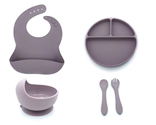 Set de vajilla de silicona para bebes. Conjunto de Babero, Cuenco, Cubiertos y Plato antideslizantes perfectos para alimentacion de bebes (Lila)