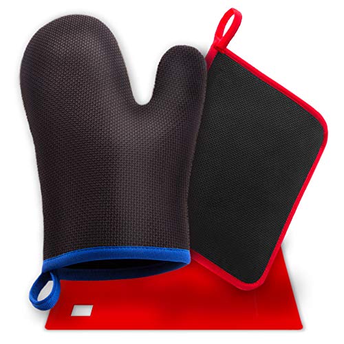 ShyaWorld Manopla Horno Silicona Cocina Pack Guante Resistente al calor de diseño, adecuado para cocinar, hornear. Talla Única. Salvamanteles y Agarradera Color Rojo de Regalo (Pack AZUL)