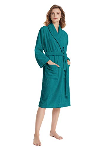 SIORO Terry Cloth Bata de mujer Suave y cálida Albornoces de algodón Spa Piscina Gimnasio Ducha Bata de casa Manga larga Toalla de cuello chal Ropa de dormir con bolsillos, Peacock Small