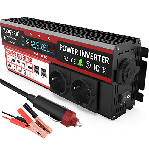 SUDOKEJI 850/1500W Inversor de Corriente Inversor 12v a 220v 230v Transformador Inverter,4 x USB y 2X Sockets y 1x Puerto para Encendedor de Cigarrillos,Pantalla LCD,Convertidor de Corriente Cámping