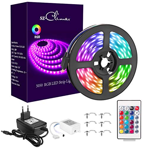 SZCLIMAX 5M 5050 RGB Kit de Tiras LED, Tira de Luz LED Flexible Multicolor con Control Remoto de 24 Teclas, Adaptador de Alimentación 12V, Luces LED Decoración para el Hogar,Navidad,Fiestas