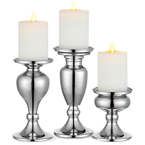 Sziqiqi Juego de 3 Candelabros de Metal Portavelas Negro para Comedor Mesa de Centro de Mesa Boda Decoración Portavelas de Columna, Plata