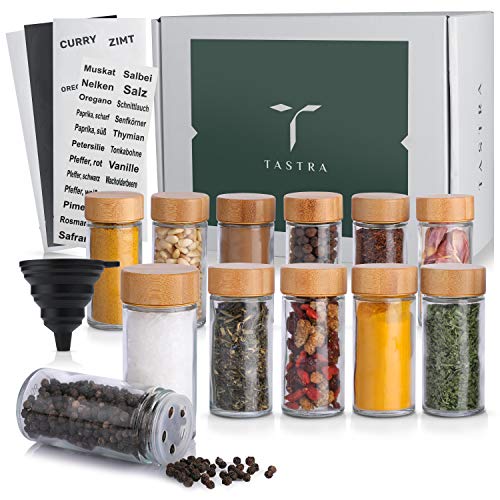 TASTRA® Juego de 12 tarros de especias con tapas de bambú, 100 ml, para especias, incluye etiquetas para especias, diferentes insertos y embudo