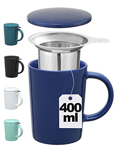 Taza con Filtro para Infusiones y Te - De Ceramica - Azul Oscuro - XL 400ml Grande - Con Tapa y Asa