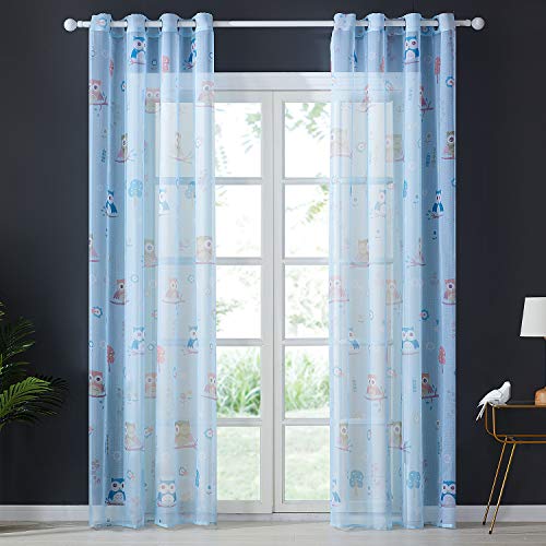 Topfinel Cortinas Estampado Translúcidas Visillos Infantiles Paneles para Ventanas niños Habitaciones Salon Dormitorio Moderno Gasa con Búho Impresión de Ojetes,140 Anchura x 215cm Longitud 2 Pieza