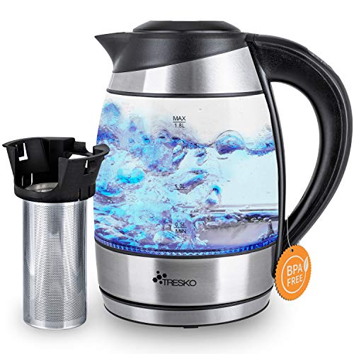 TRESKO Hervidor de Agua Eléctrico de Cristal 1,8L con Iluminación LED | Incluye Filtro de Té & Antical | Acero Inoxidable | 2200W | Temp. Regulable | Desconexión Automática | Libre de BPA