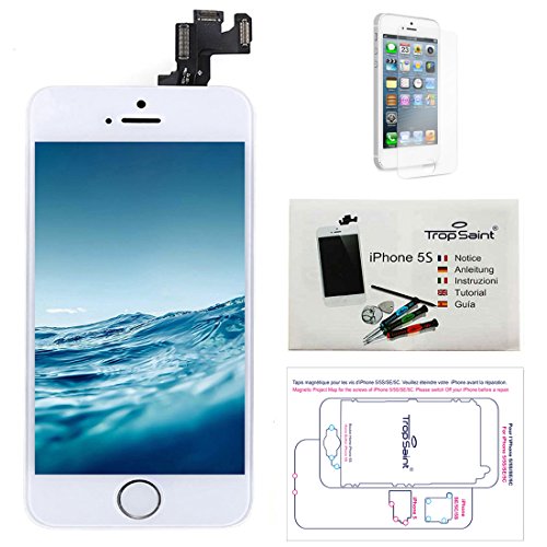 Trop Saint® Pantalla para iPhone 5S Blanco - Kit de reparación LCD Completo - con Guía 5 lenguas, Superficie de Trabajo magnética, Herramientas y Film Protector Pantalla