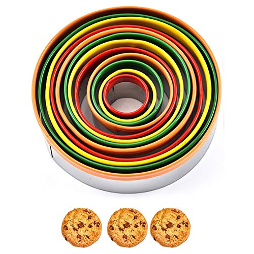 Tut - Juego de 12 moldes redondos para horno de acero inoxidable de colores, para galletas, fondant, para hornear pastelería